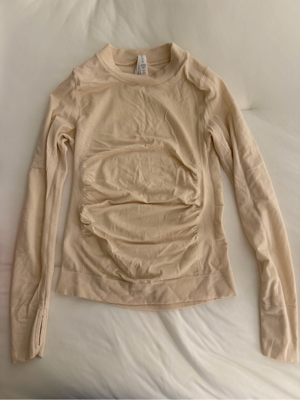 Athleta Cream Long-Sleeve Ruched Front Top